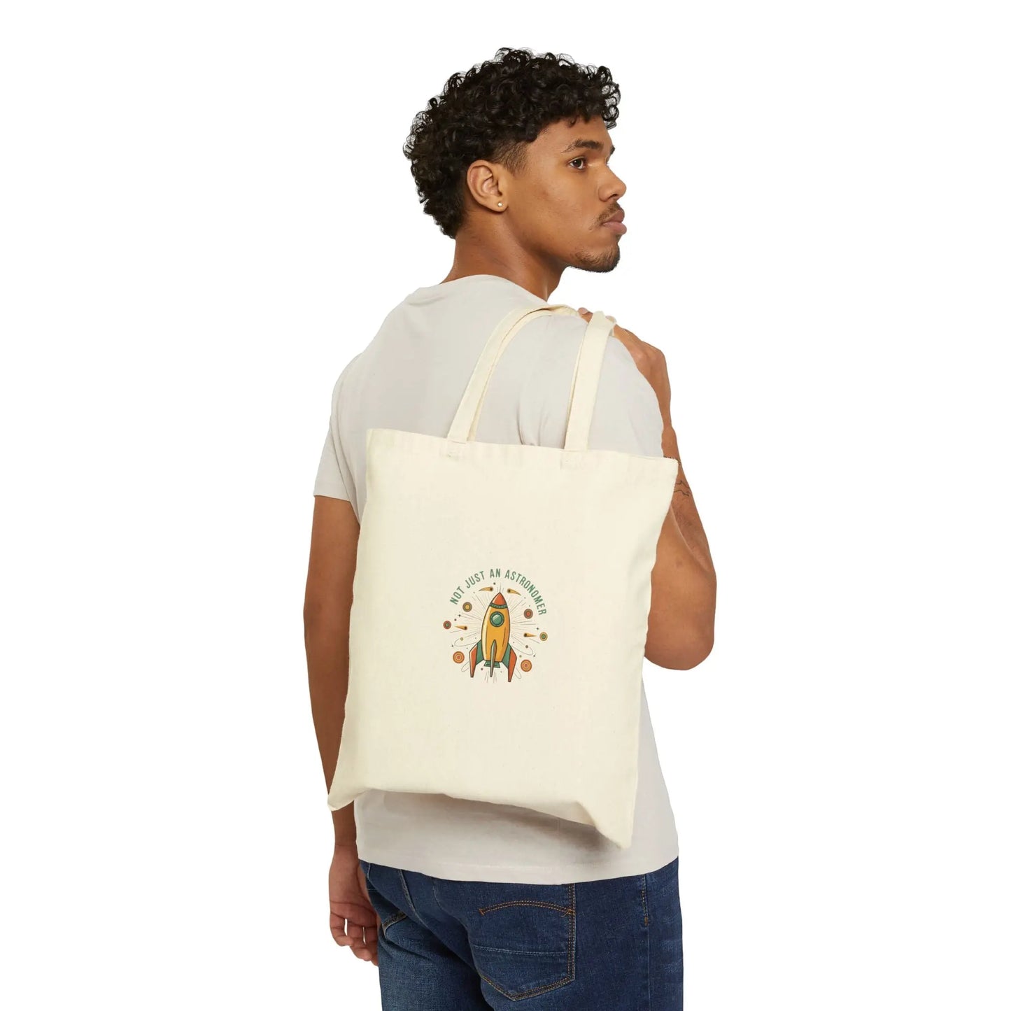 Retro Rocket Graphic Tote | mid-century space art, starburst pattern Printify