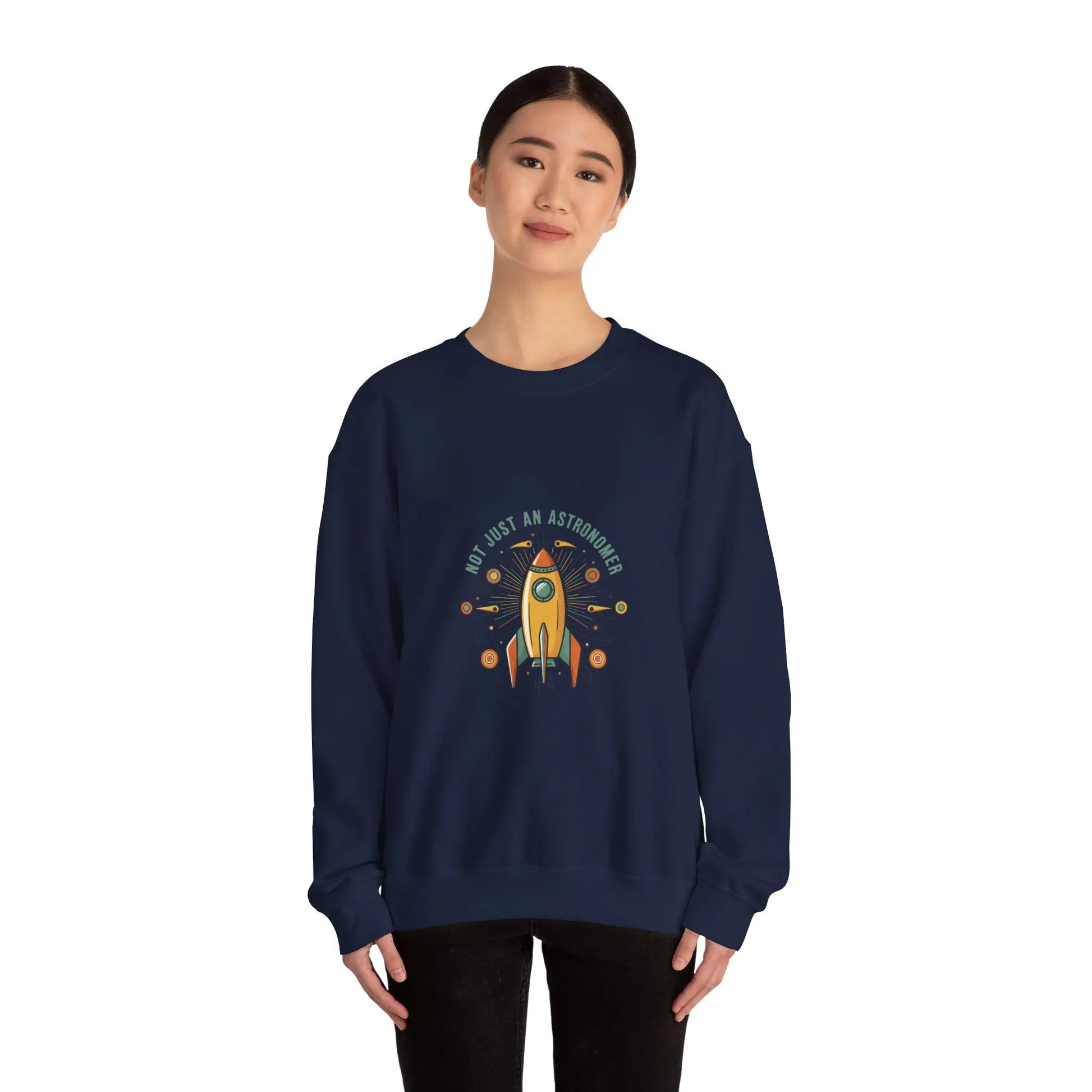 Retro Rocket Graphic Sweatshirt | mid-century space art, starburst pattern Printify