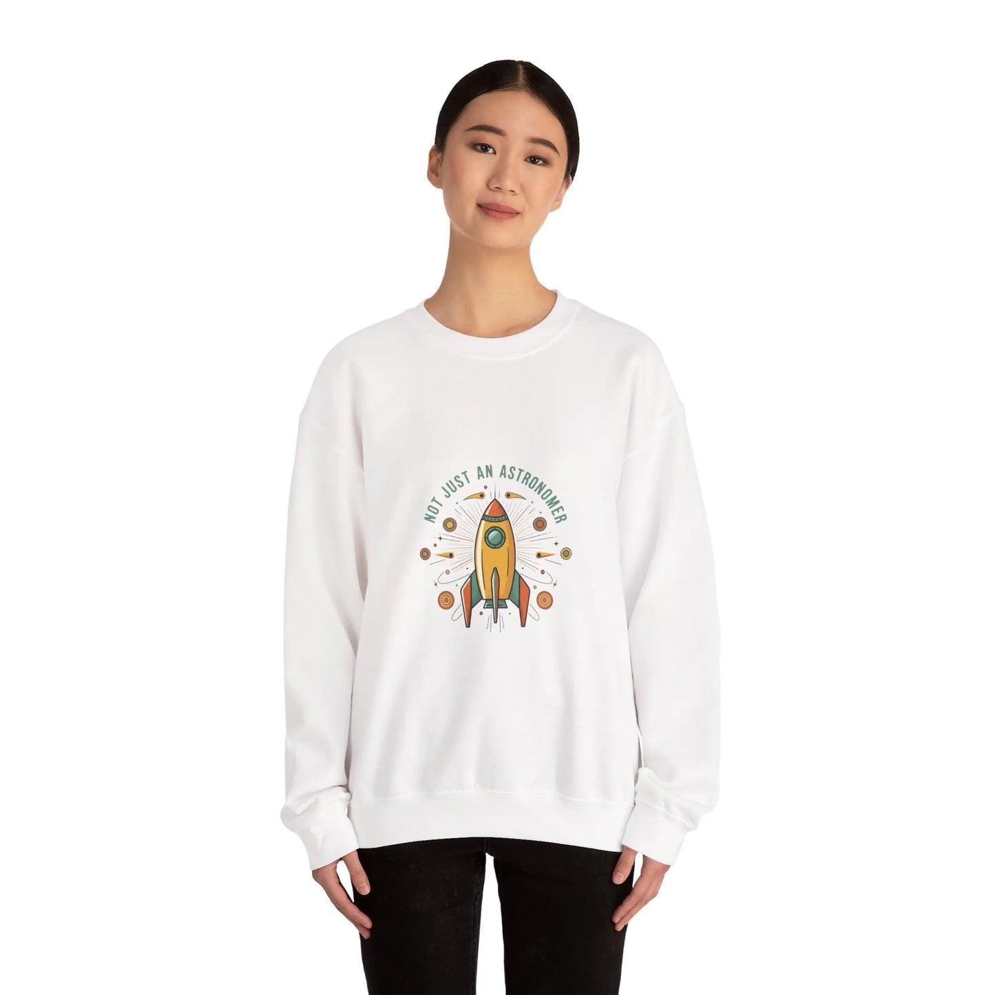 Retro Rocket Graphic Sweatshirt | mid-century space art, starburst pattern Printify