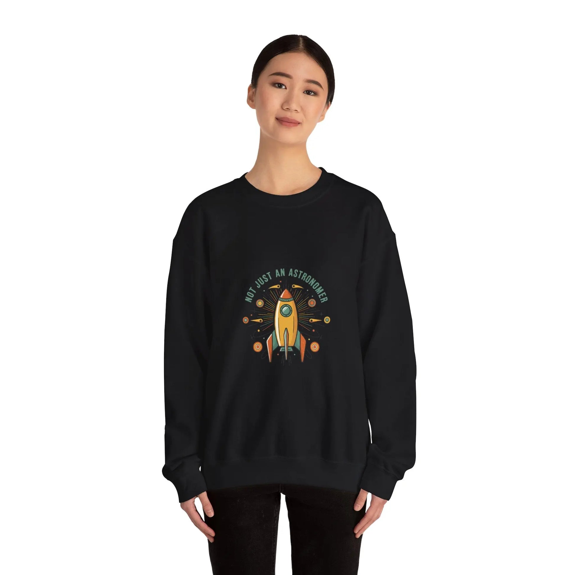 Retro Rocket Graphic Sweatshirt | mid-century space art, starburst pattern Printify