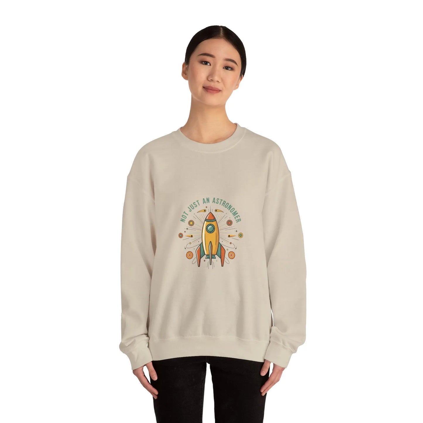 Retro Rocket Graphic Sweatshirt | mid-century space art, starburst pattern Printify